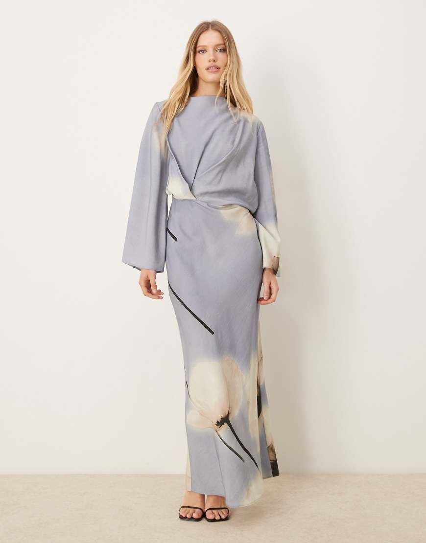 ASOS DESIGN long sleeve tucked waist bias cut maxi dress in blue bold floral print