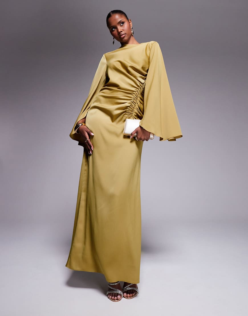 ASOS DESIGN exaggerated sleeves bias cut maxi dress with ruched waist in gold