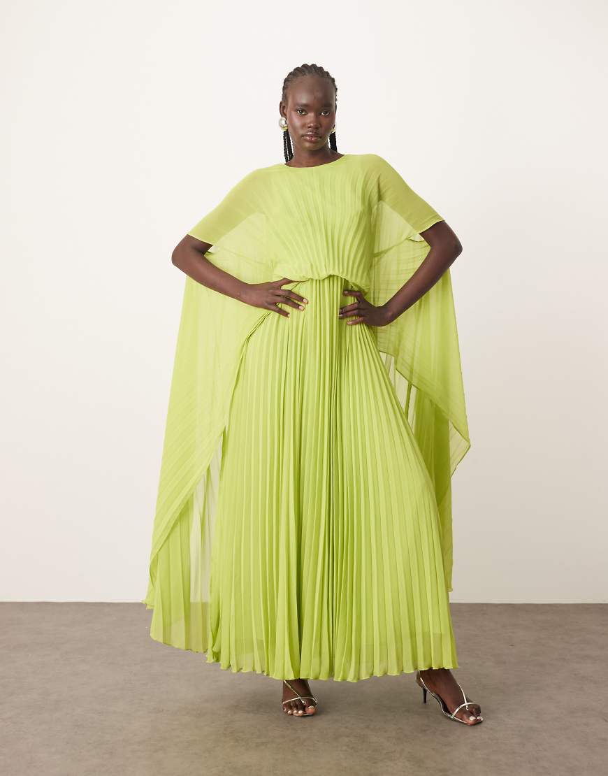 ARRANGE chiffon pleat volume maxi dress with wide sleeve in green