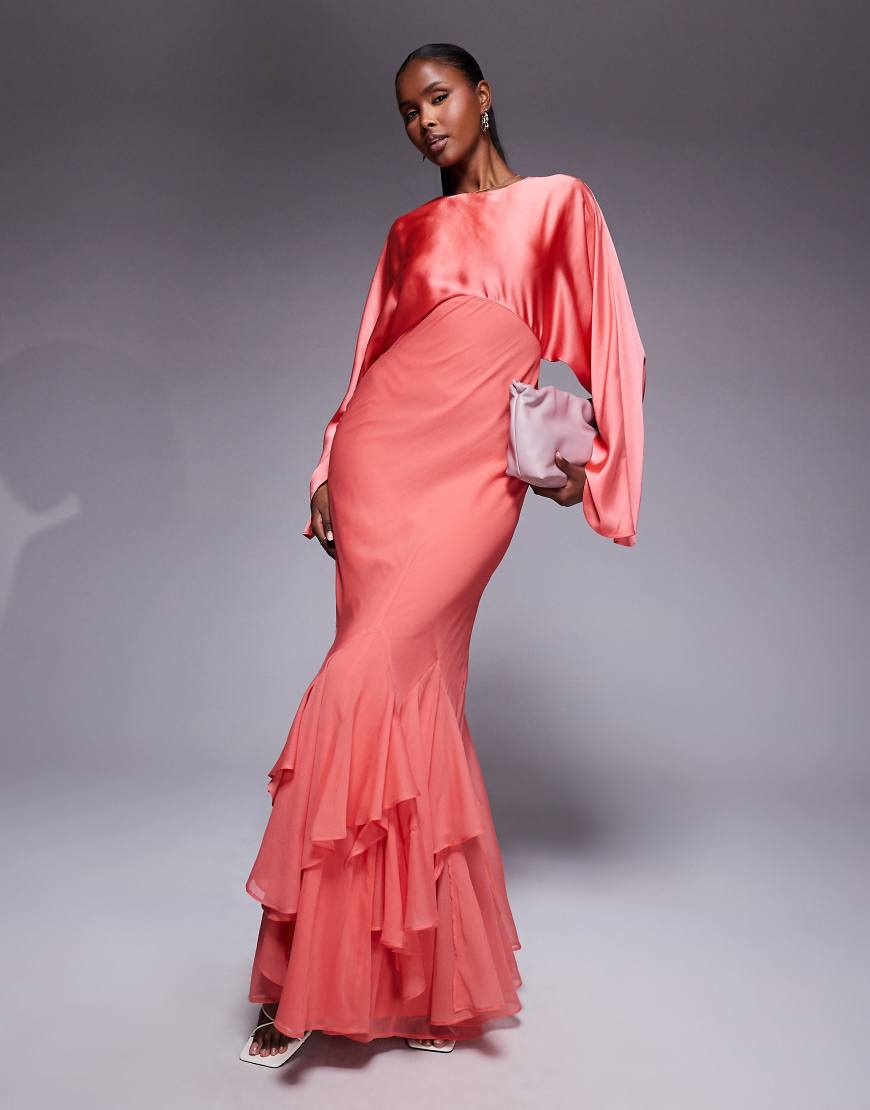 ASOS DESIGN cape sleeve godet maxi dress in coral