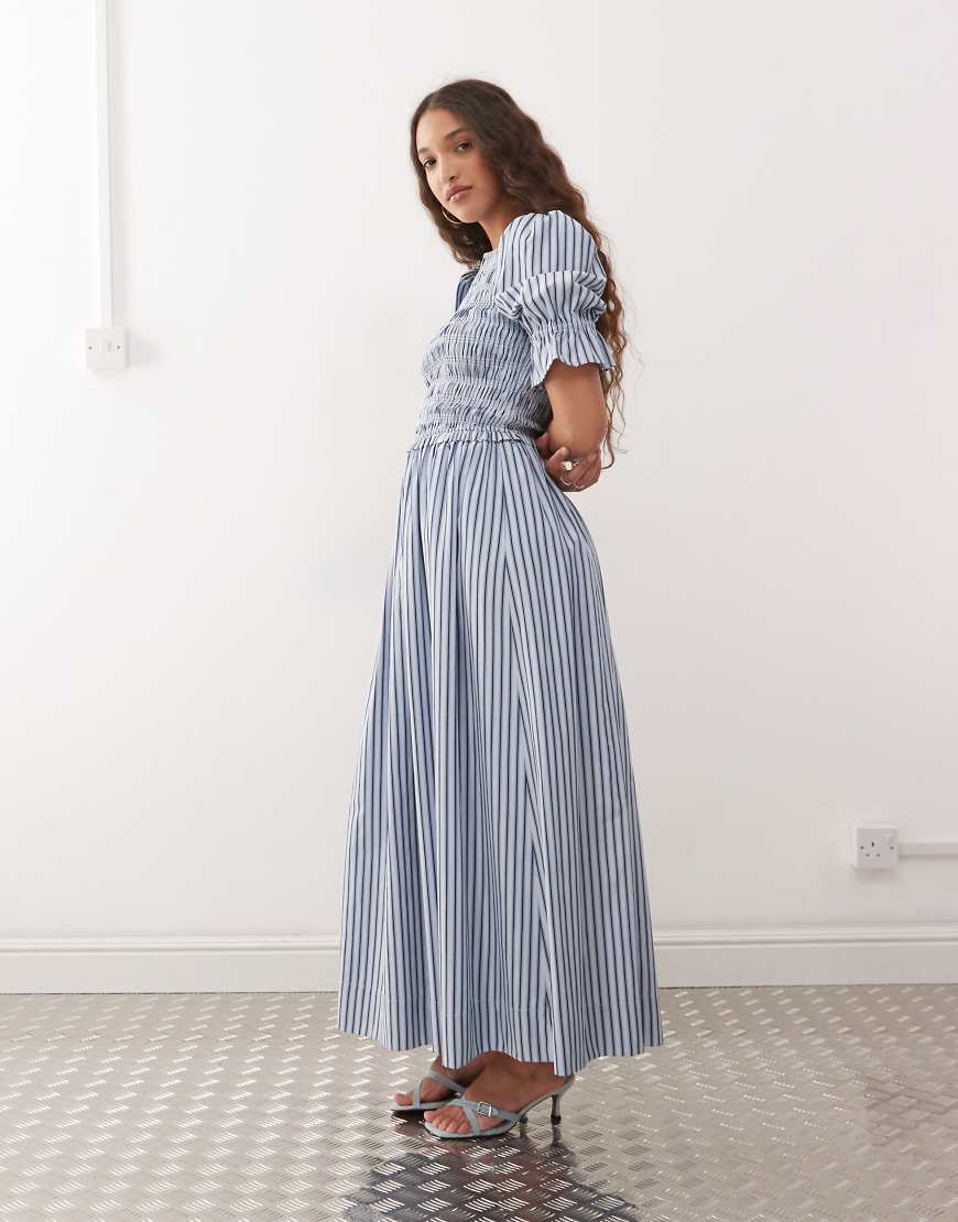 Amy Lynn puff sleeve cotton midi dress in blue stripe