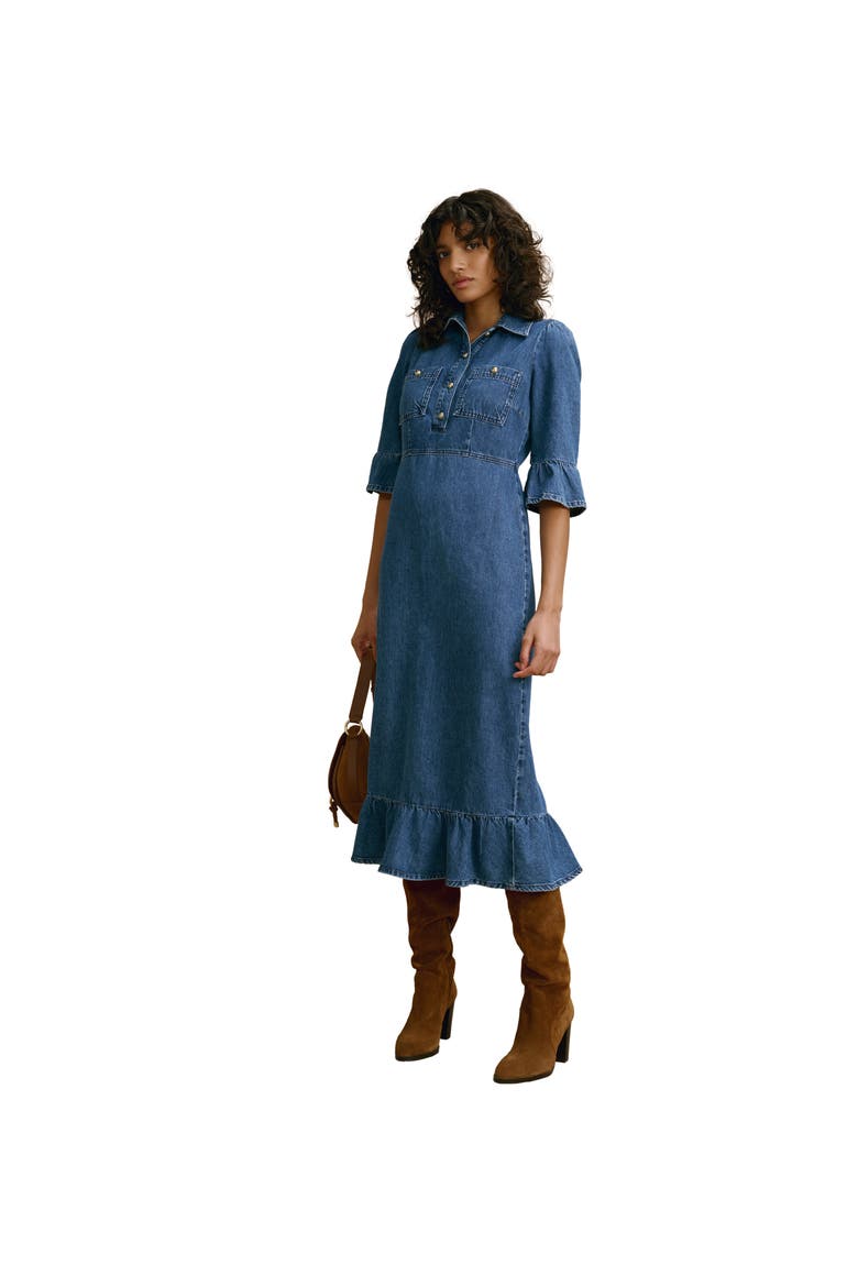Ruffle Hem Denim Midi Dress