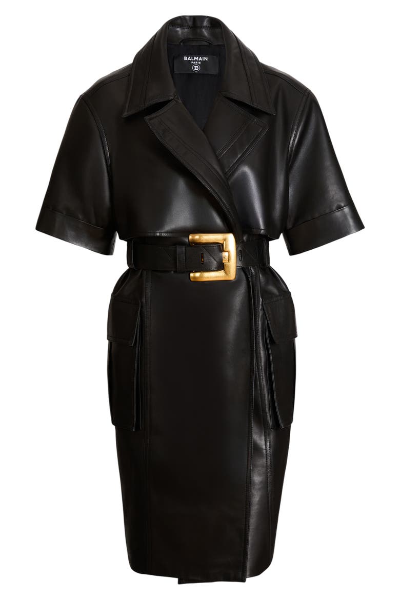 Belted lambskin leather dress