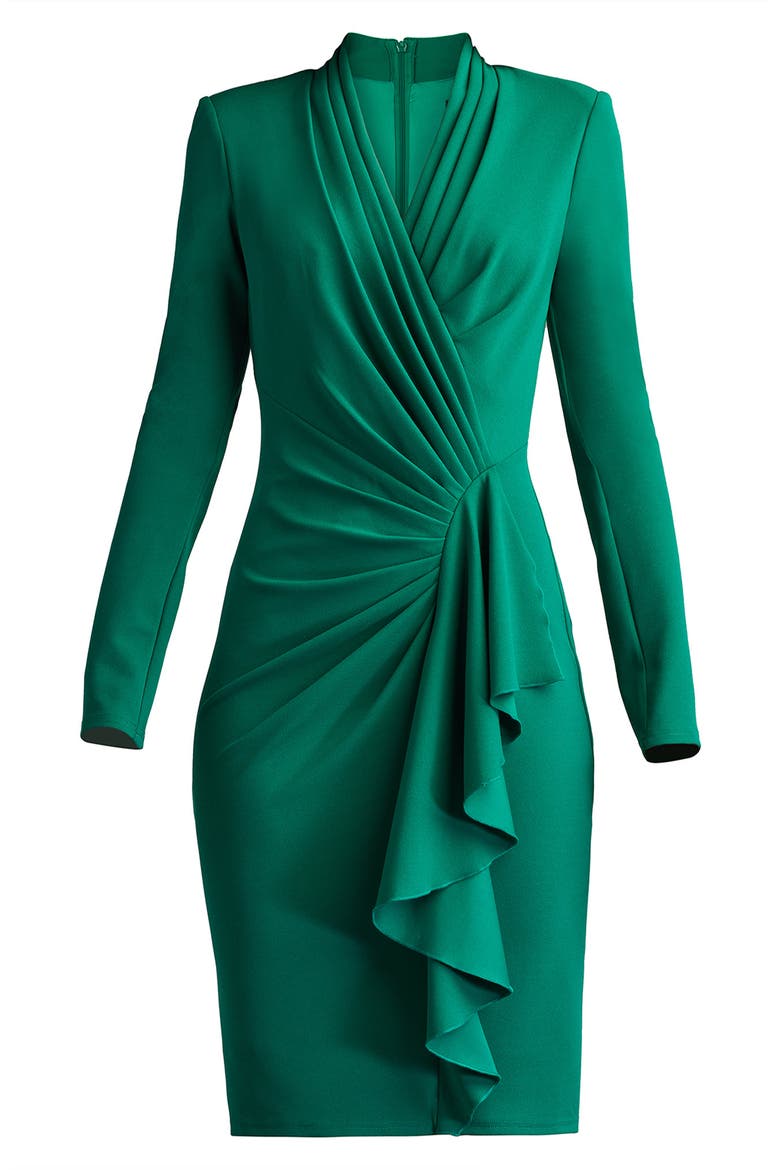 Ruffle Side Drape Long Sleeve Cocktail Dress