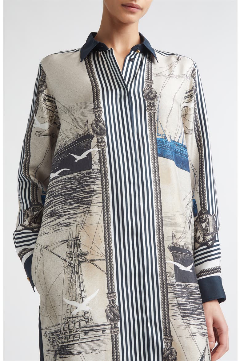 Mariner Print Long Sleeve Silk Midi Shirtdress