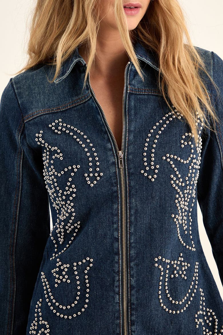Studded Zip Front Denim Mini Dress