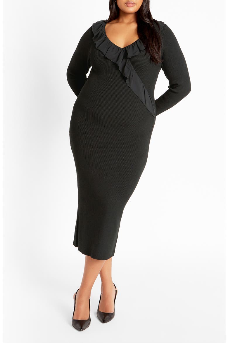 Auralie Ruffle Detail Long Sleeve Rib Sweater Dress