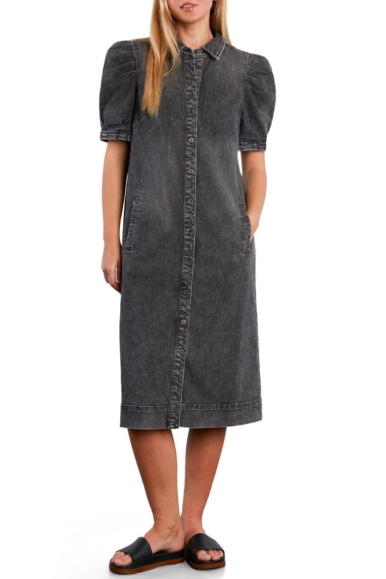 Puff Sleeve Stretch Denim Midi Dress