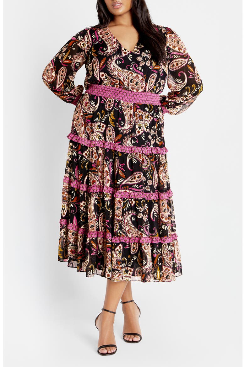 Gwendolyn Paisley Long Sleeve Tiered Midi Dress
