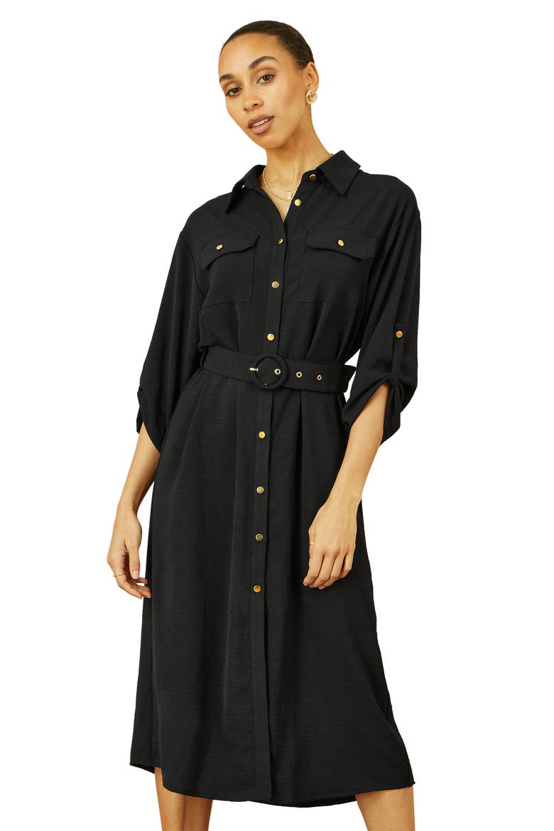 3/4 Sleeve Belted Midi Shirt Dress
