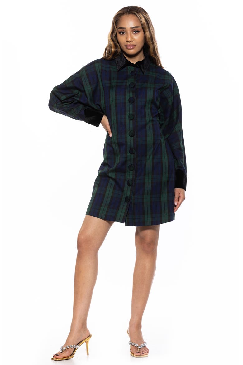 Velvet Trim Long Sleeve Shirtdress