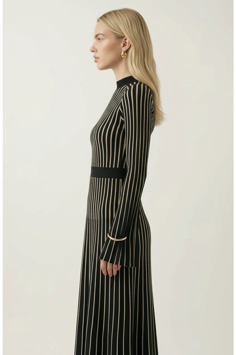Striped Rib-Knit Long Sleeve Maxi Dress with Mock Neck