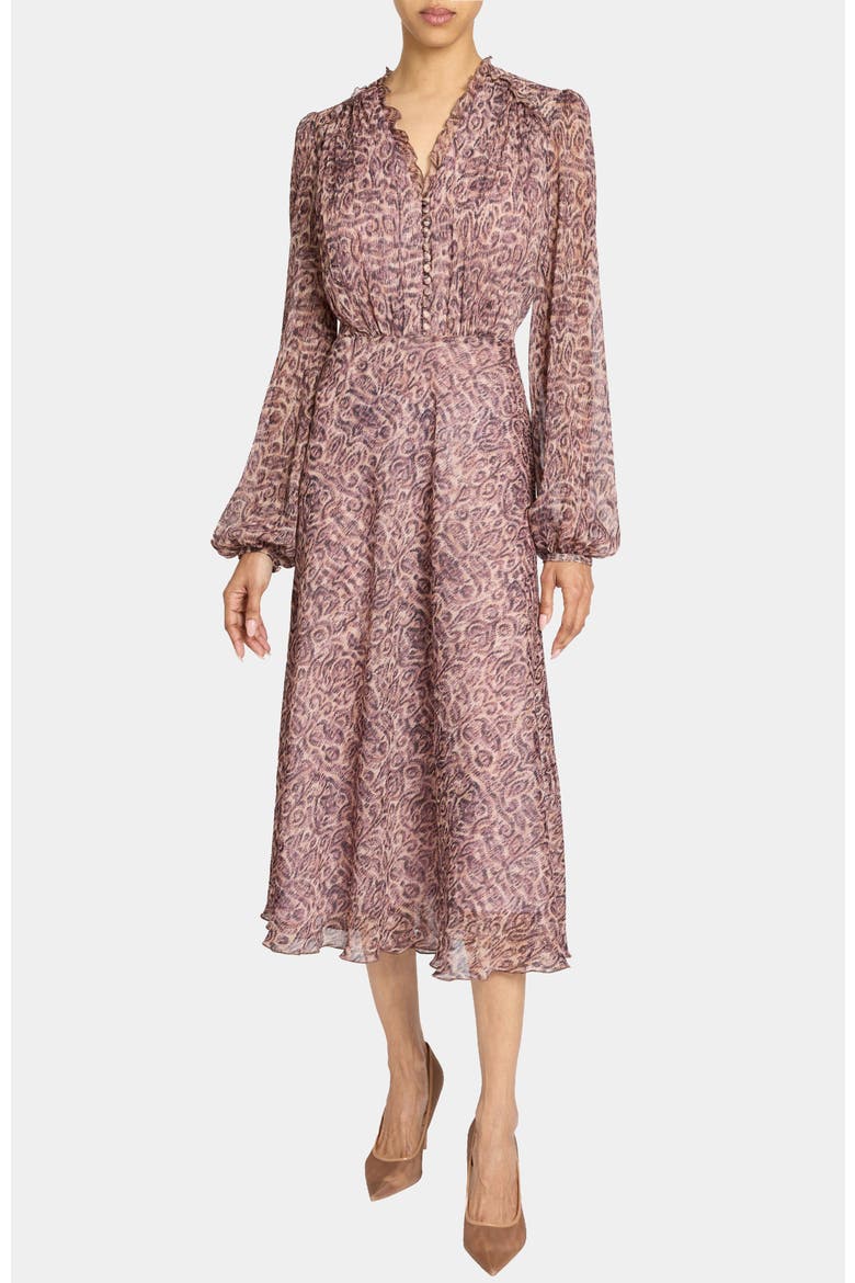 Amal Long Sleeve Fit and Flare Midi Dress in Printed Georgette