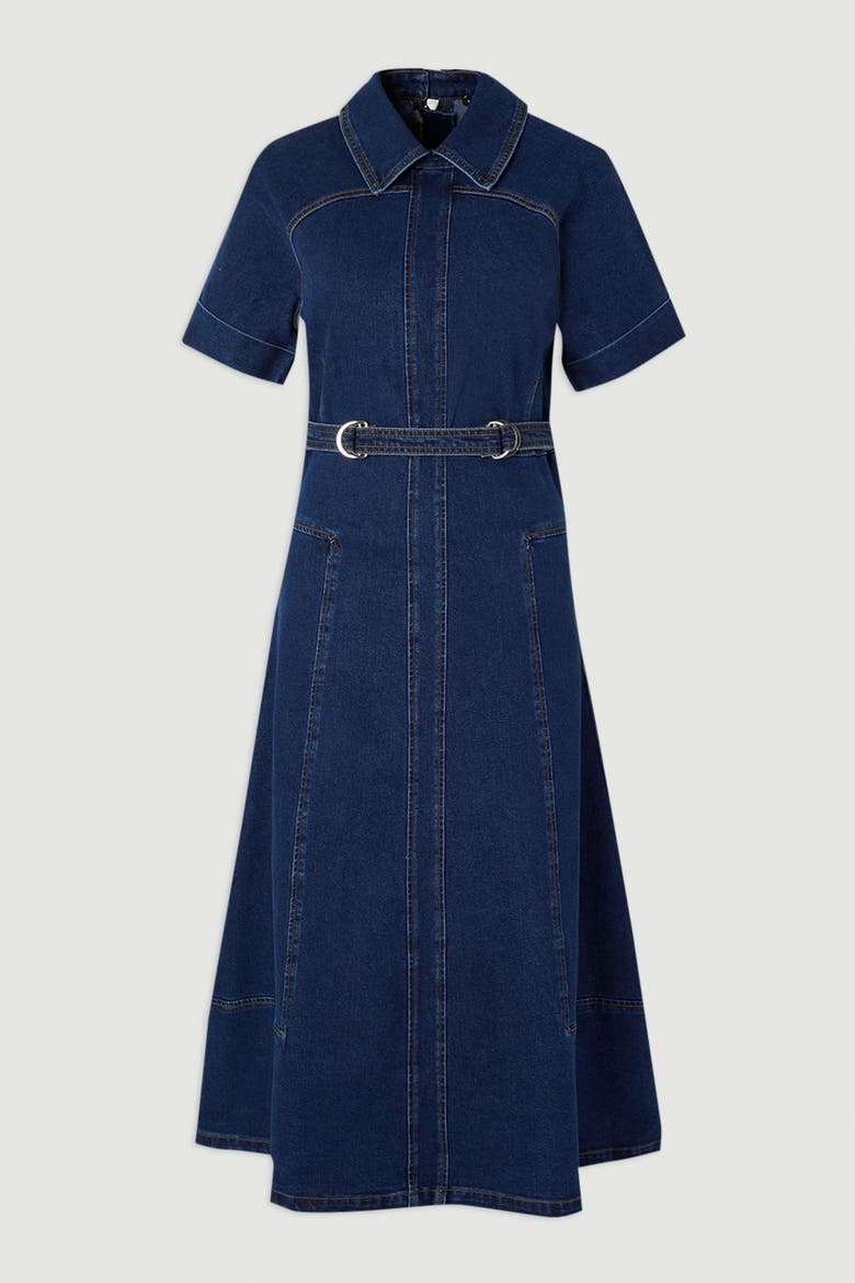 Petite Stretch Denim Tab Belt Midi Dress