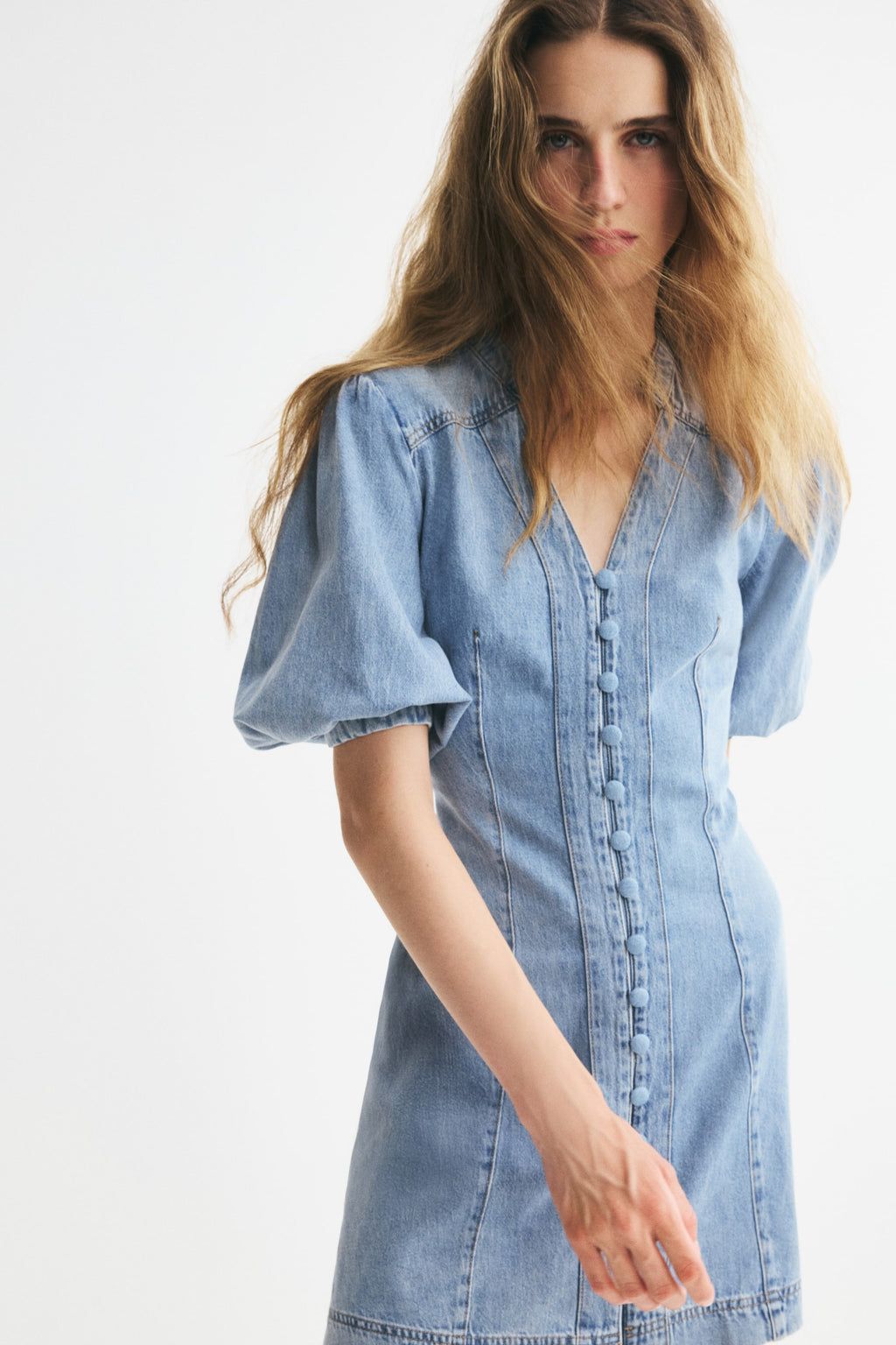 Puff-Sleeved Denim Dress
