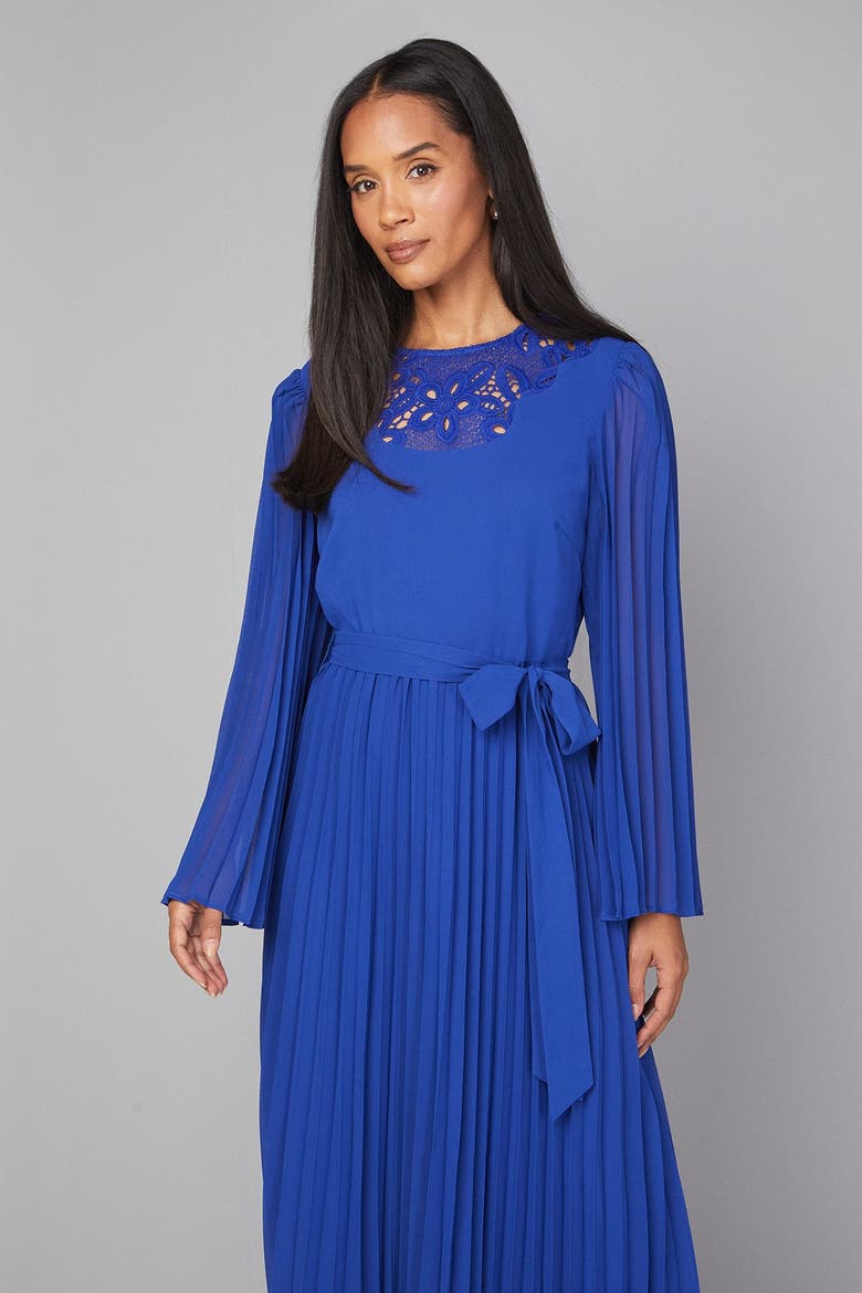 Pleated Floral Trim Midi Dress