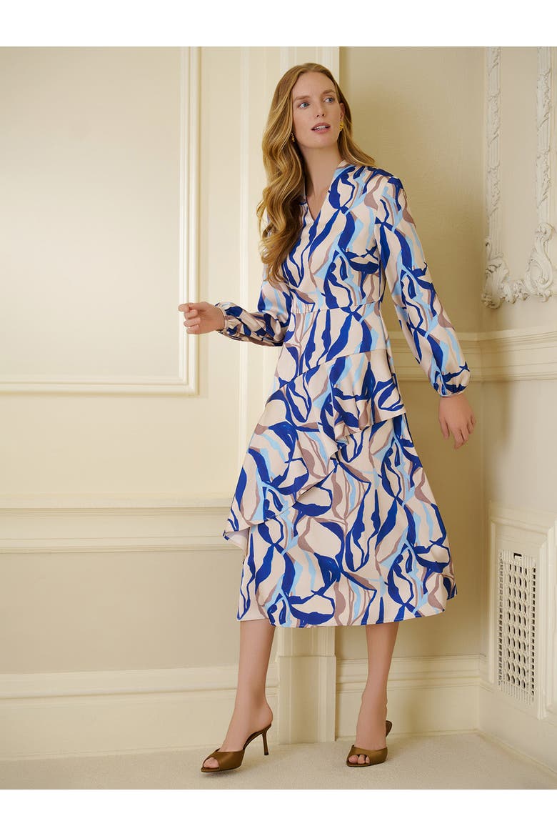 Fit & Flare Printed Crepe de Chine Ruffle Maxi Dress