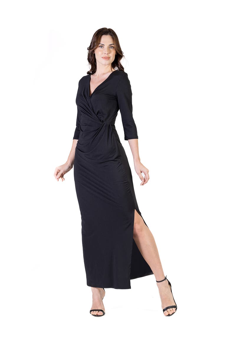Petite Fitted V Neck Side Slit Maxi Dress