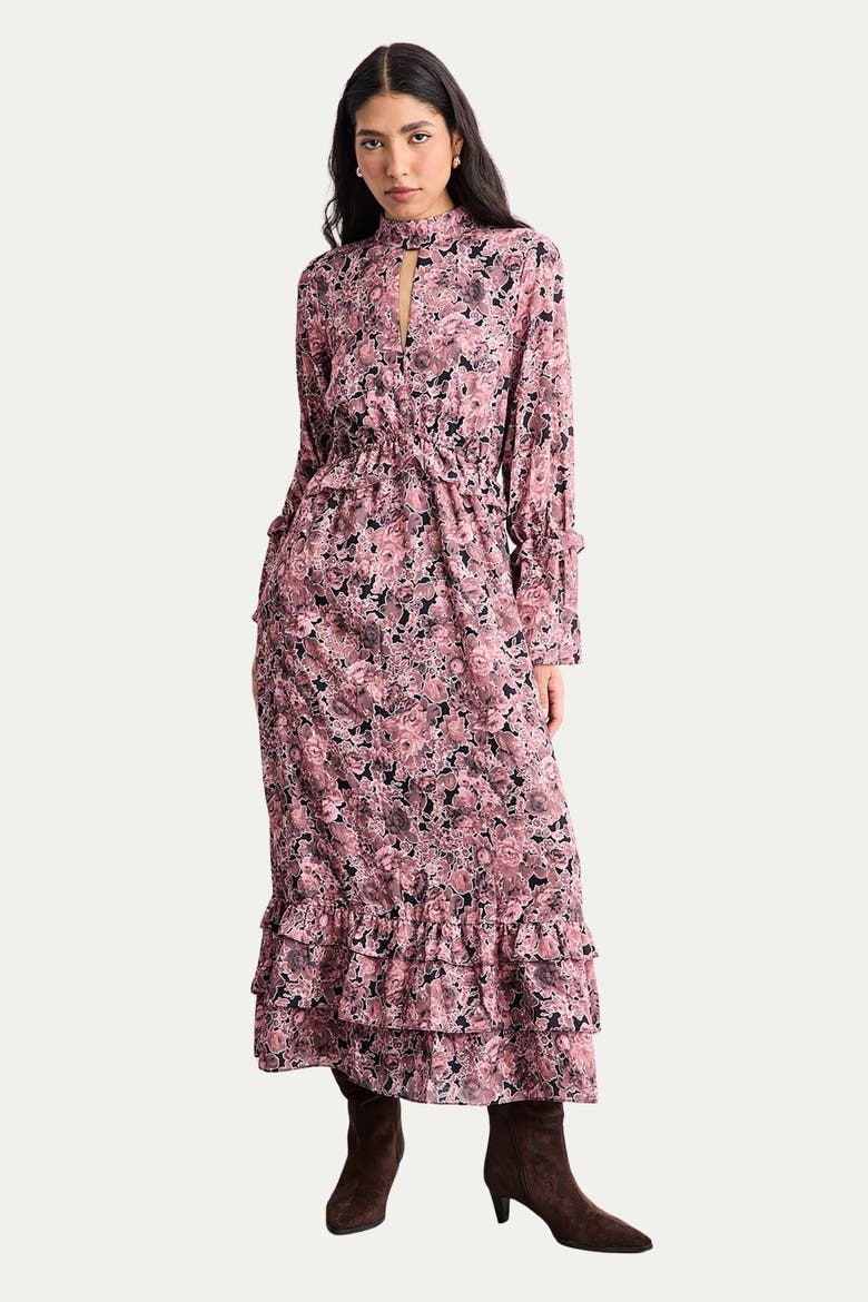 Chiffon Shirred High Neck Midi Dress