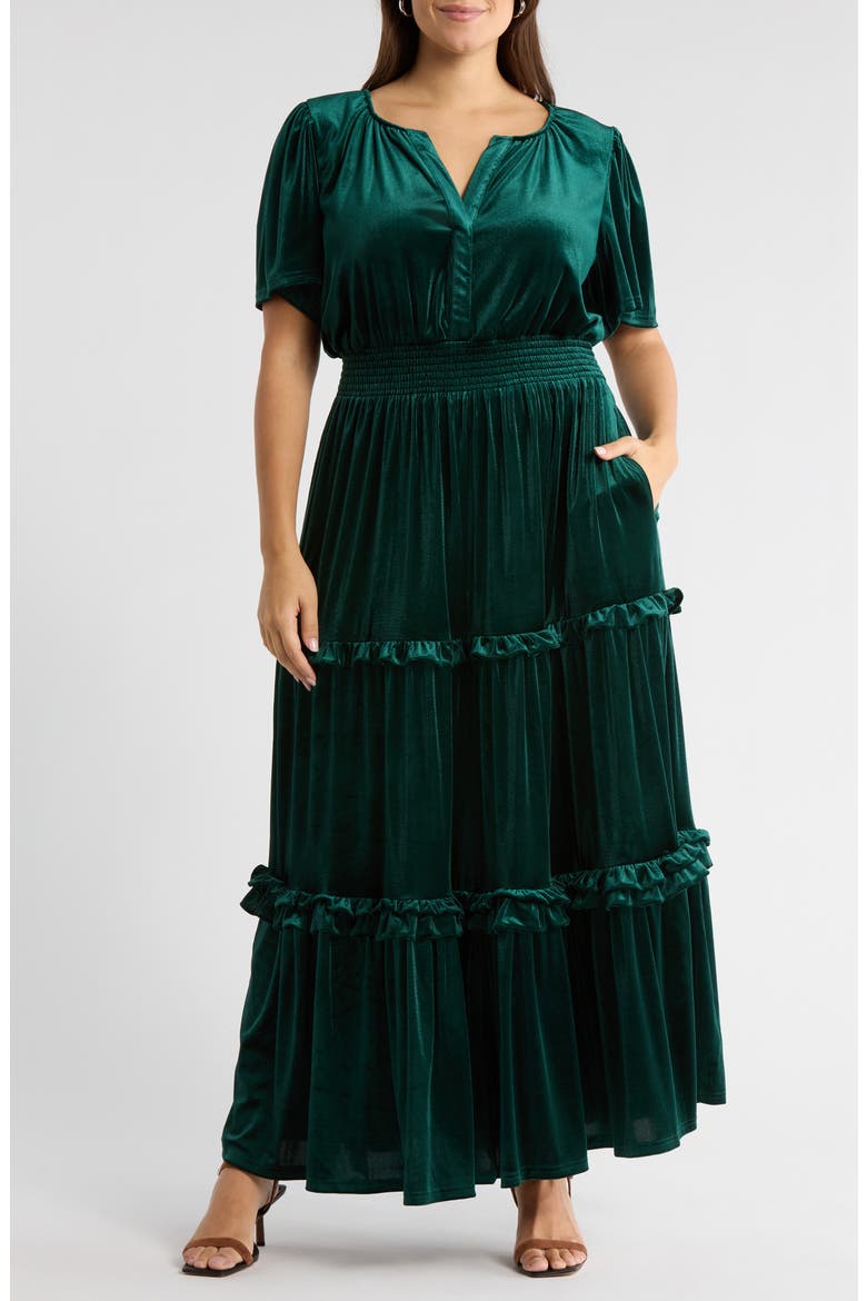 Juliete Velvet Palmer Tiered Maxi Dress