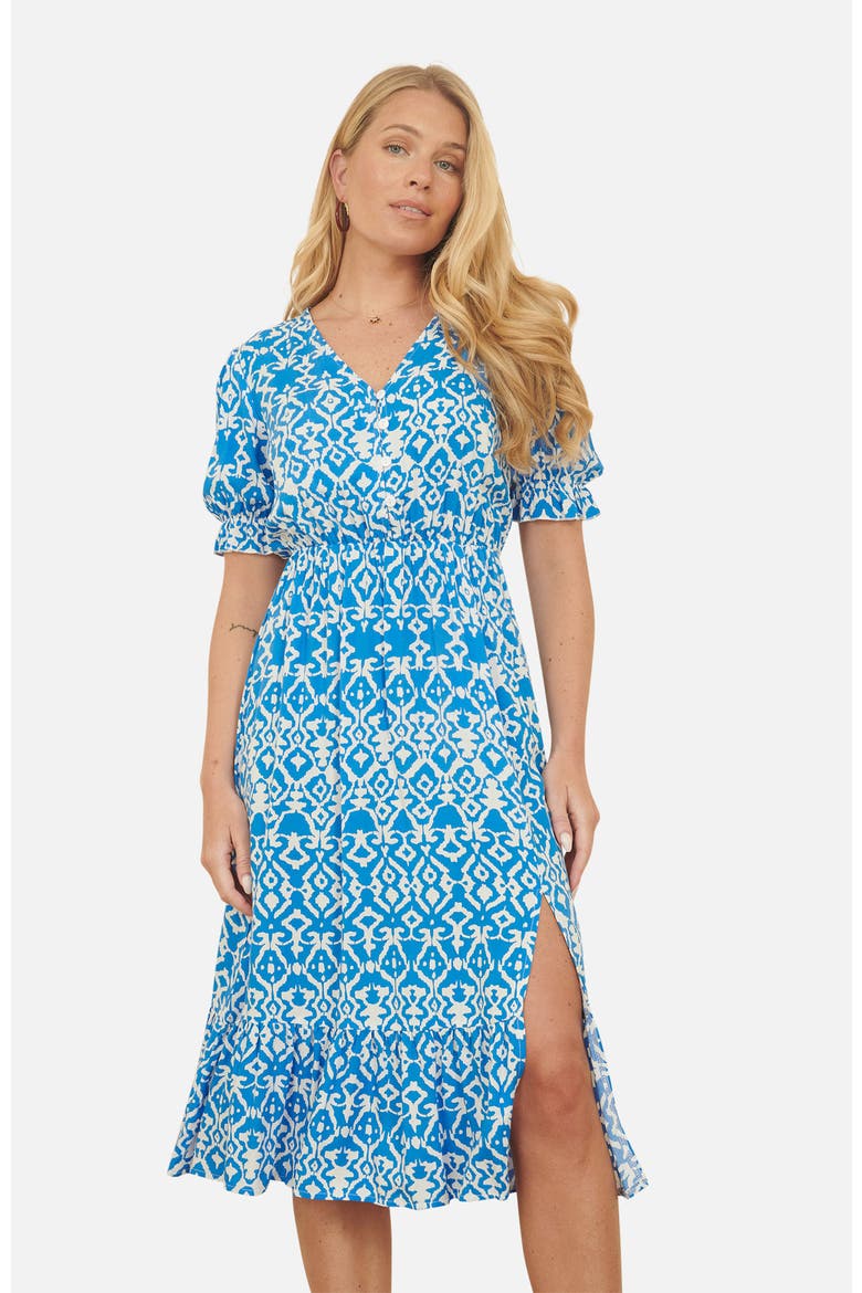 Geometric Print Puff Sleeve Midi Dress