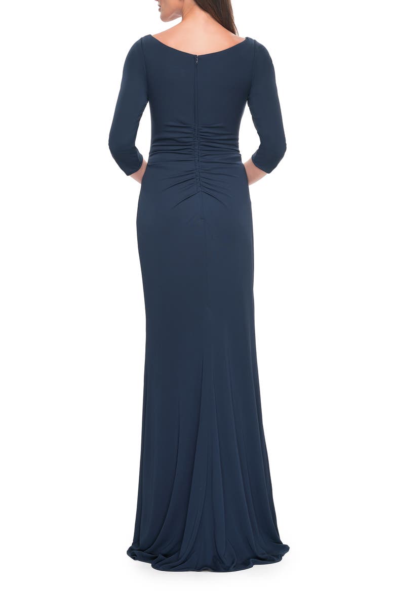 Chic Long Evening Gown with High Neck and Ruffle Detail