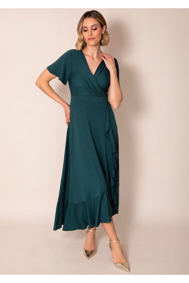 Petite Waterfall Ruffle Wrap Midi Dress