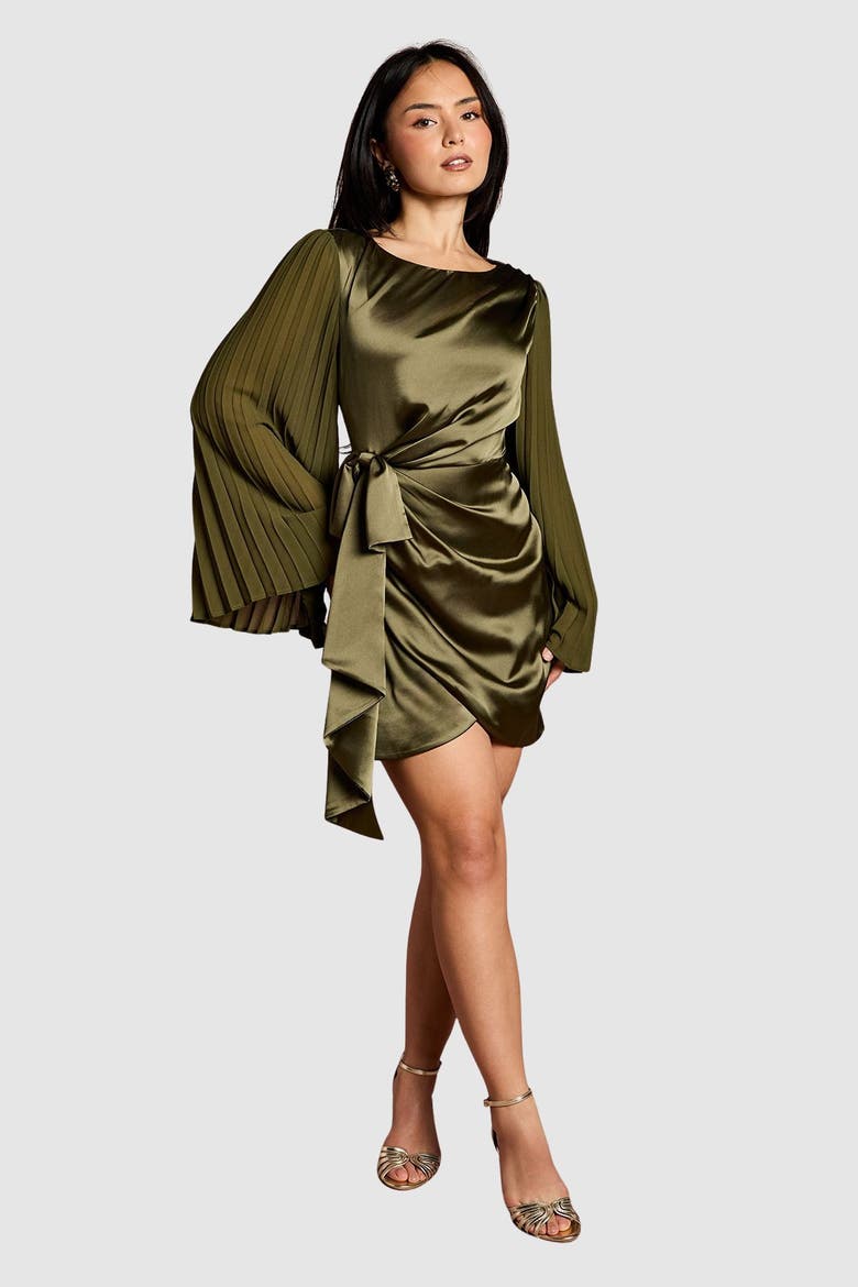 Petite Satin Pleated Flare Mini Dress