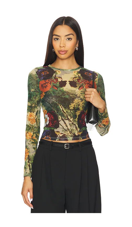 Alice + Olivia Delaina Printed Mesh Long Sleeve Crop Top in Forbidden Forest - Image 1