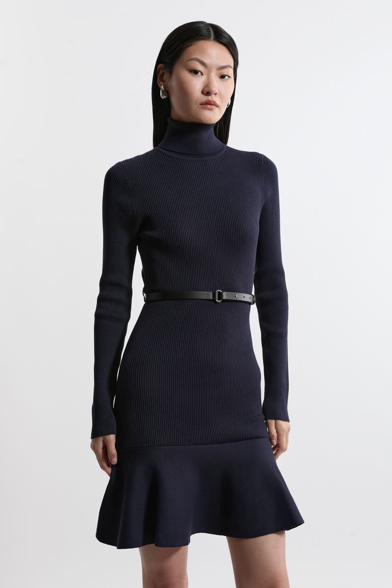 Roll Neck Belted Flippy Hem Mini Dress