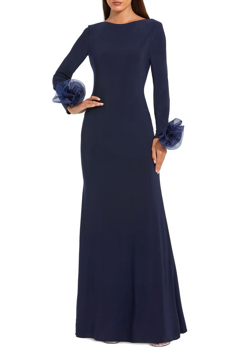 Long Sleeve Fitted Jersey Gown With 3D Flowers