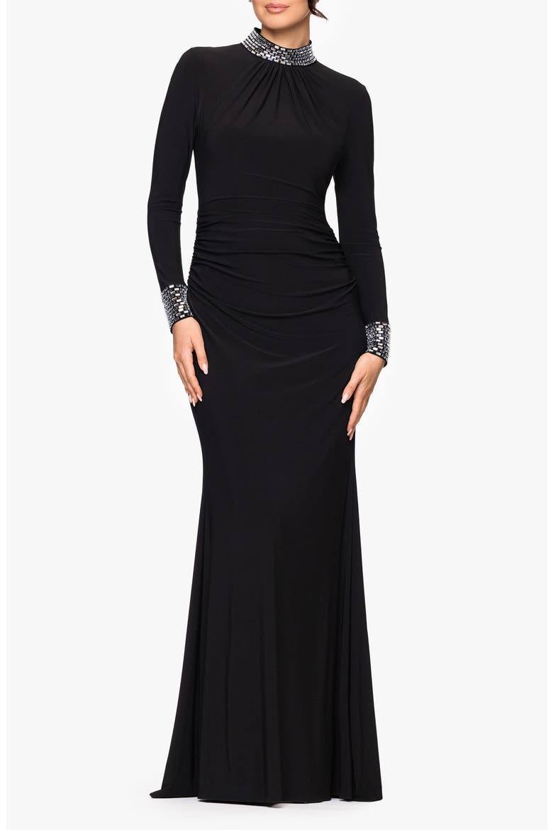Ruched Beaded Long Sleeve Gown