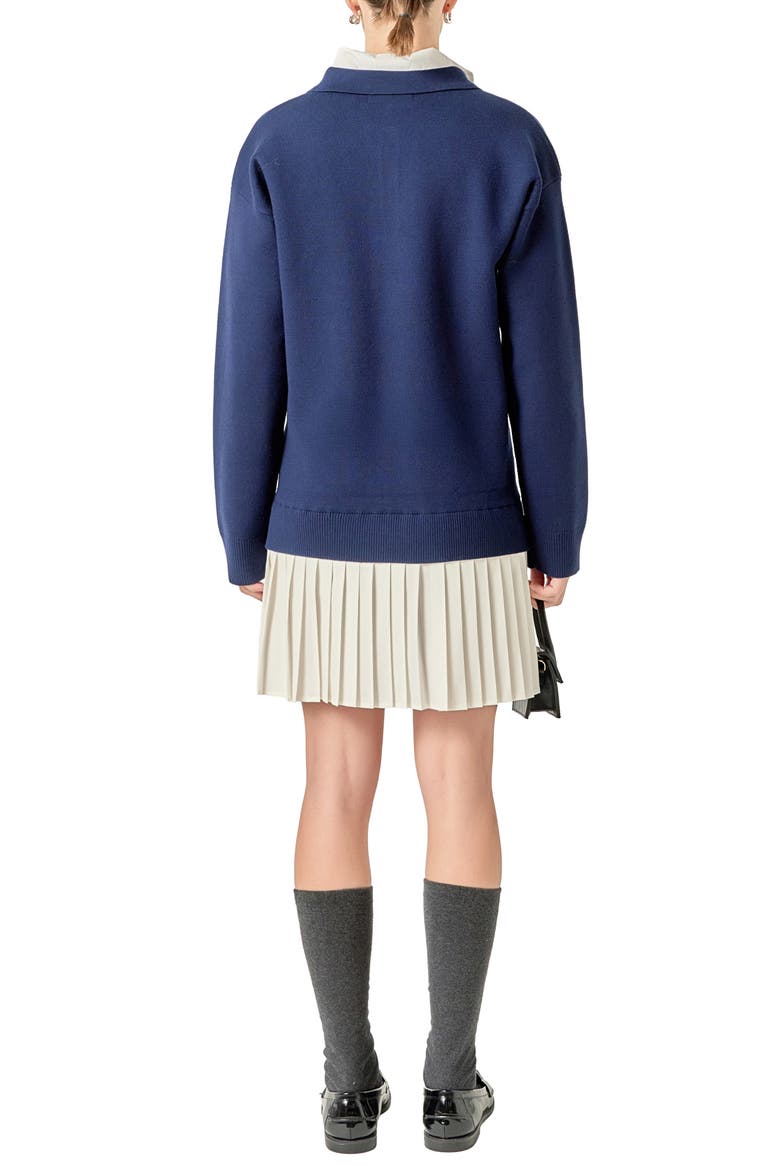 Long Sleeve Mixed Media Polo Minidress