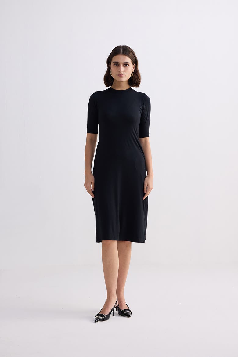 High Crew Neck Fitted Dress with Elbow Sleeves