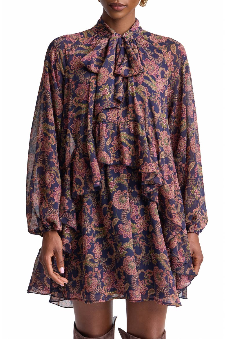 Paisley Print Long Sleeve Chiffon Tie Neck Dress
