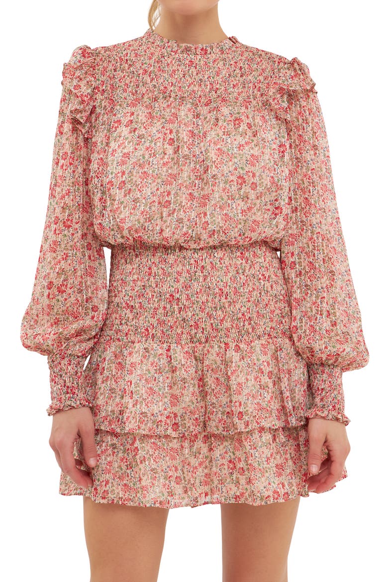 Floral Print Shirred Long Sleeve Chiffon Minidress