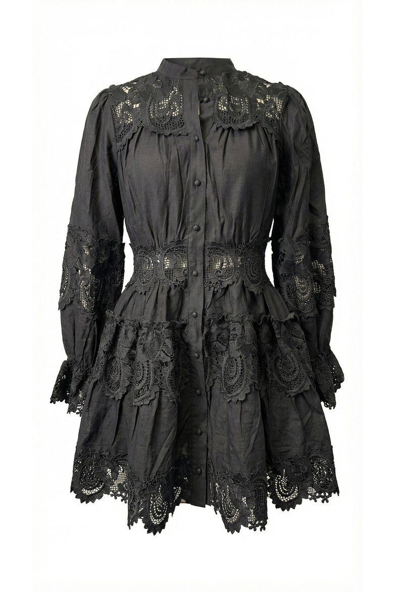 Lace Trim Button Front Mini Dress