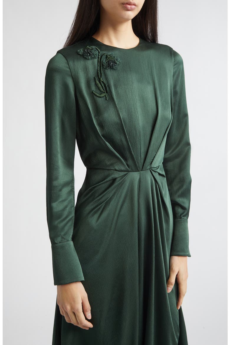 Embroidered Long Sleeve Satin Seersucker Midi Dress
