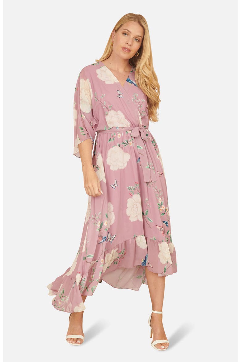 Bird And Floral Print Midi Wrap Dress