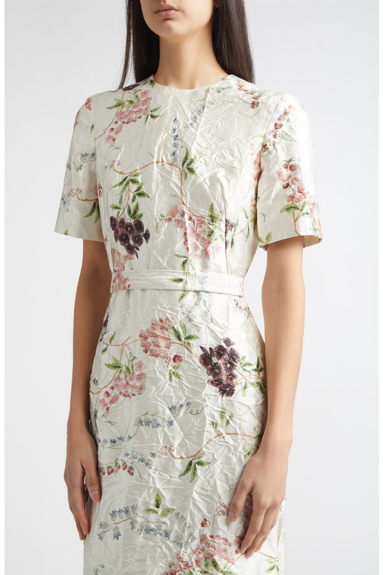 Floral Print Textured Satin Midi Pencil Dress