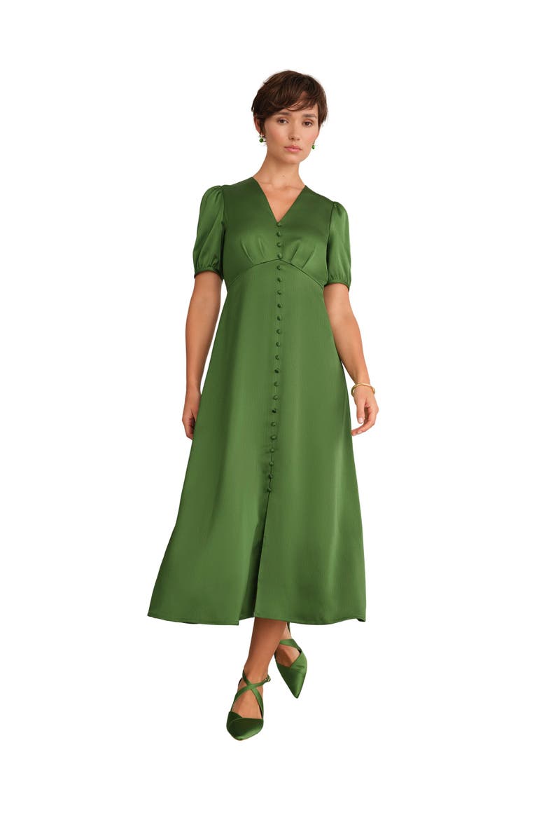 Button Front Puff Sleeve Midi Dress