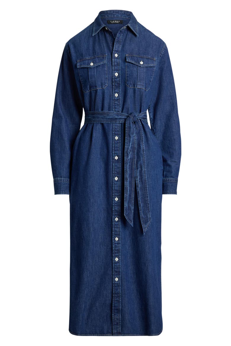 Long Sleeve Belted Cotton Denim Midi Shirtdress