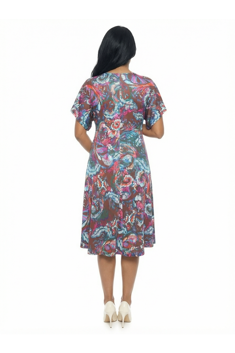 Maternity Abstract V-Neck Dolman Sleeve Twist Front A-Line Midi Dress