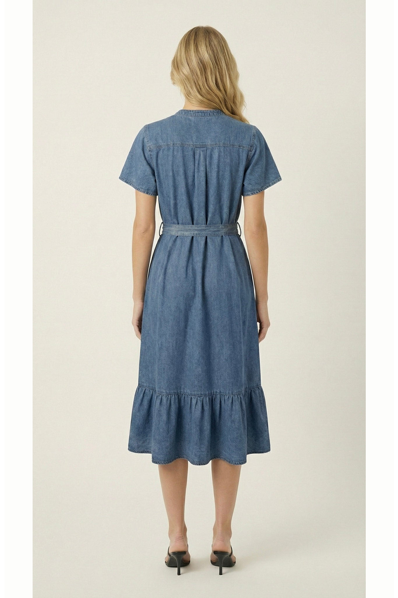Belted Denim Ruffle Hem Dress
