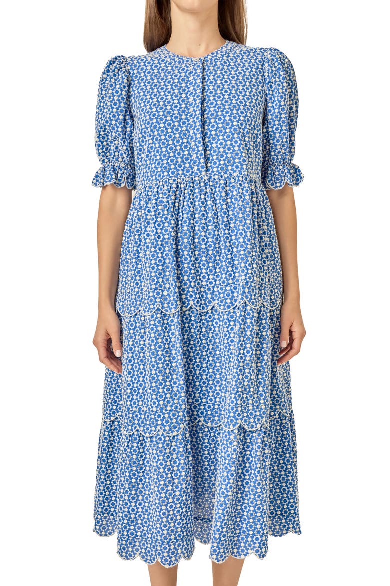 Scalloped Print Cotton Midi Dress