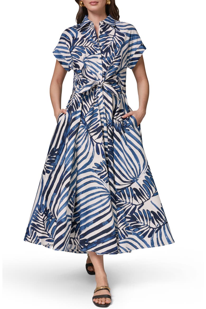 Tie Waist Short Sleeve Stretch Cotton Midi Shirtdress