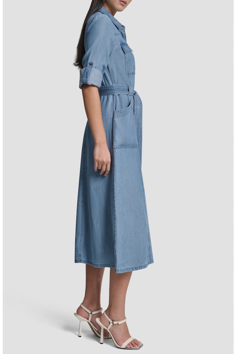 Tie Waist Roll Tab Chambray Midi Shirtdress