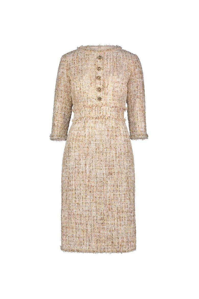 High neck 3/4 Sleeve Beaded Trim Midi Dress
