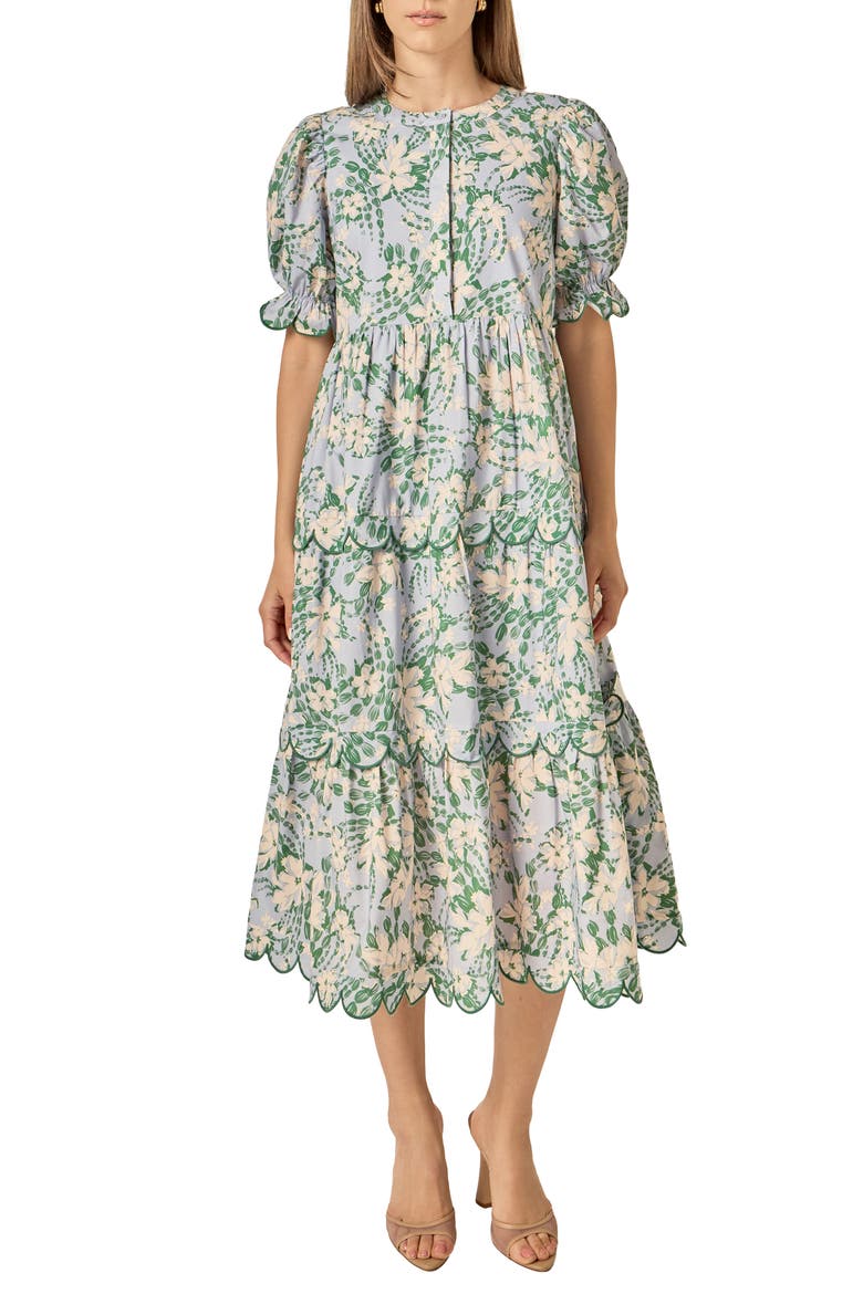 Floral Scallop Trim Tiered Midi Dress
