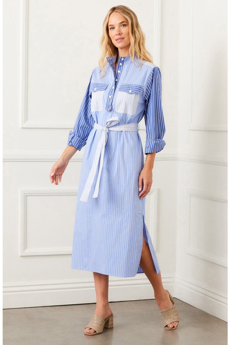 Mixed Stripe Belted Long Sleeve Shirtdress